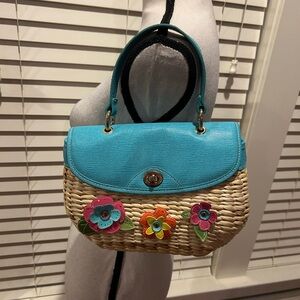 Teal Floral Woven Handbag with Blue Accents